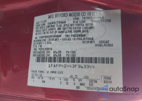 2003 Ford Mustang z USA, uszkodzony, nr VIN 1FAFP40443F363344